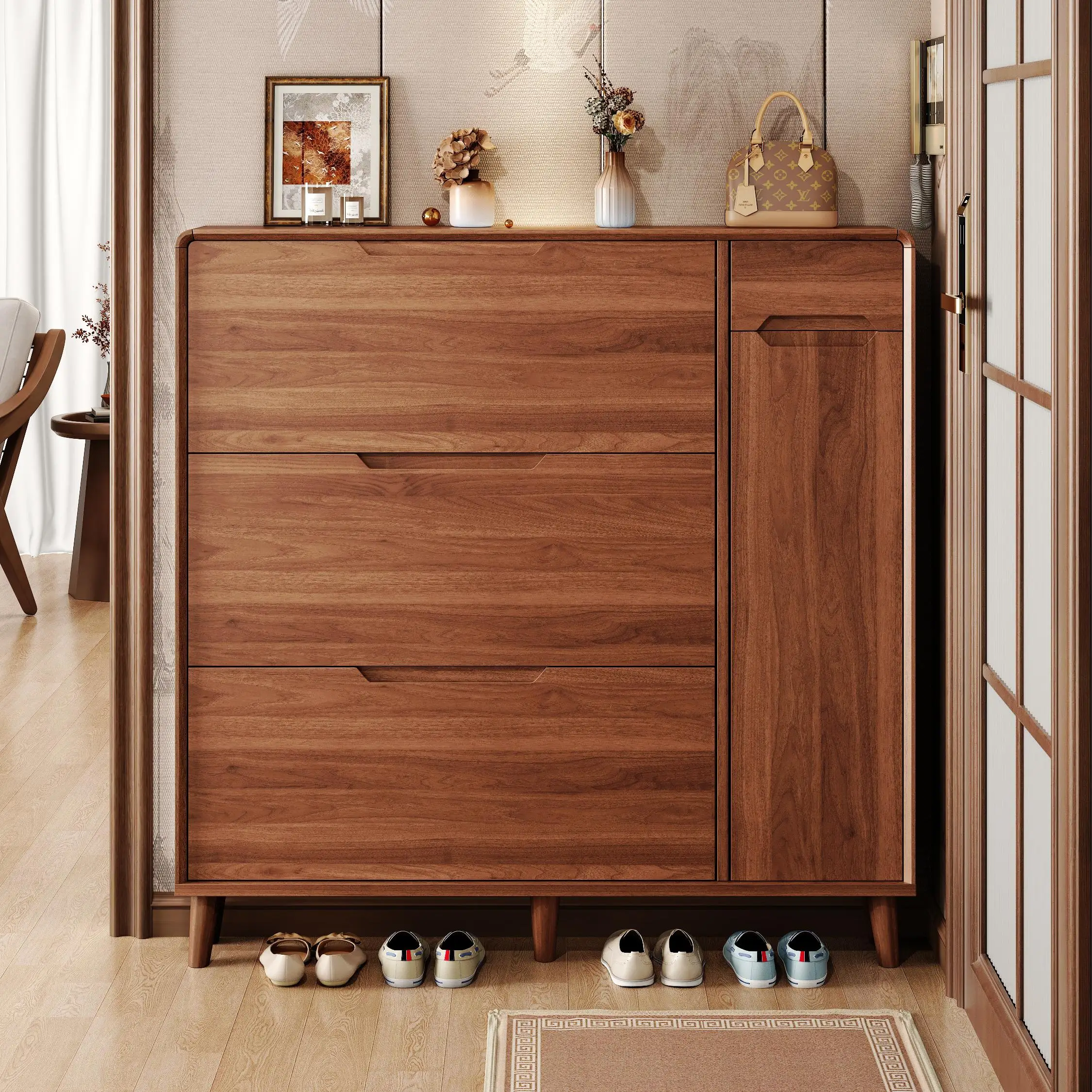 New Chinese style, ultra thin, tipping bucket shoe cabinet, household, door, storage, integrated, against the wall
New Chinese style, ultra thin, tipping bucket shoe cabinet, household, door, storage, integrated, against the wall