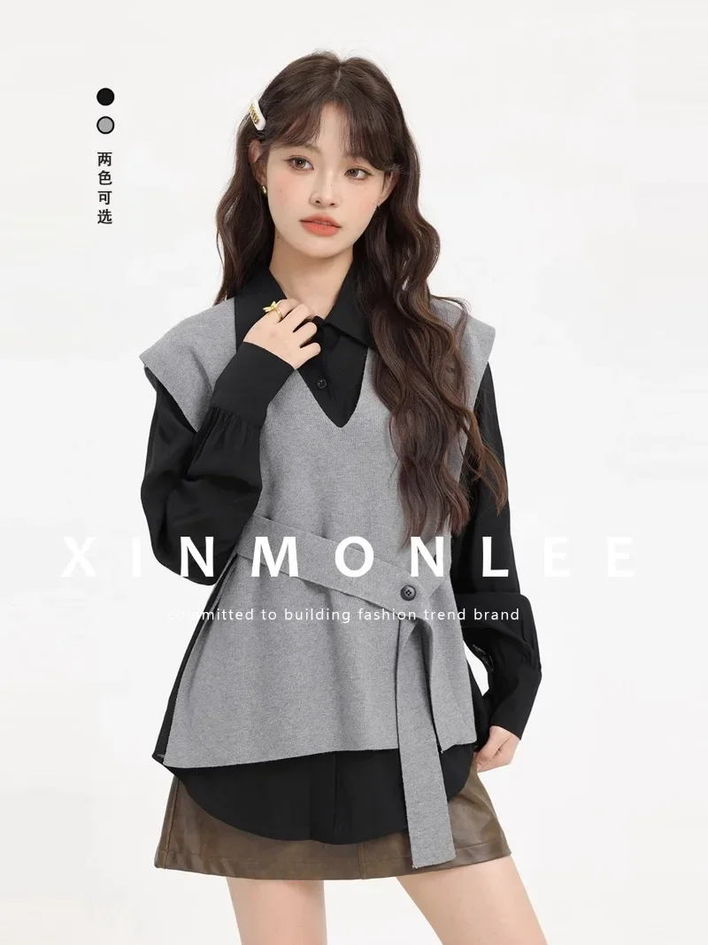 Sweet Hot Girl Retro Suit Women's Spring and Autumn Black Shirt Knitted Shawl Vest Two-piece Set Fashion Female Clothes
Sweet Hot Girl Retro Suit Women's Spring and Autumn Black Shirt Knitted Shawl Vest Two-piece Set Fashion Female Clothes