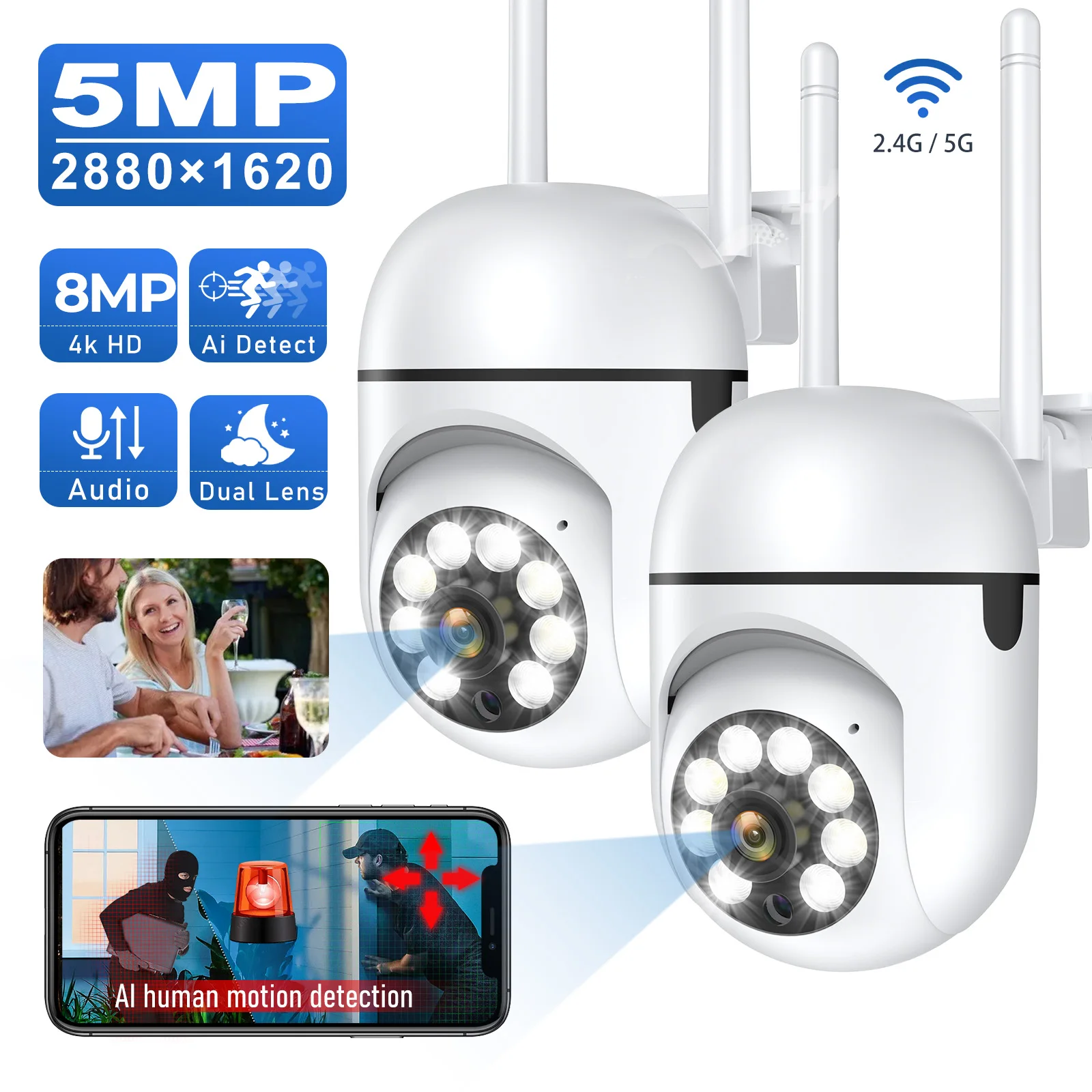 Outdoor 5MP Wifi Surveillance Camera CCTV Waterproof External Security Protection Human Detection Tracking Surveillance Cameras
Outdoor 5MP Wifi Surveillance Camera CCTV Waterproof External Security Protection Human Detection Tracking Surveillance Cameras