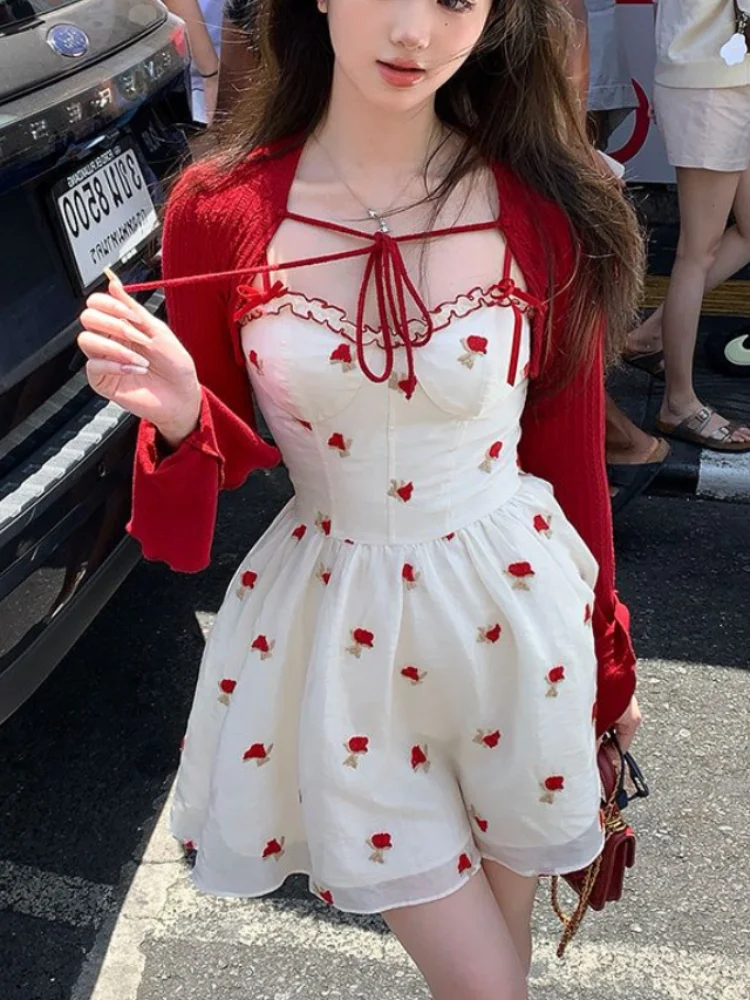 Summer Sweet Fashion 2 Piece Dress Set Woman Red Knitted Short Cardigan + Print Sleeveless Y2k Mini Dress Korean Style Suit
Summer Sweet Fashion 2 Piece Dress Set Woman Red Knitted Short Cardigan + Print Sleeveless Y2k Mini Dress Korean Style Suit