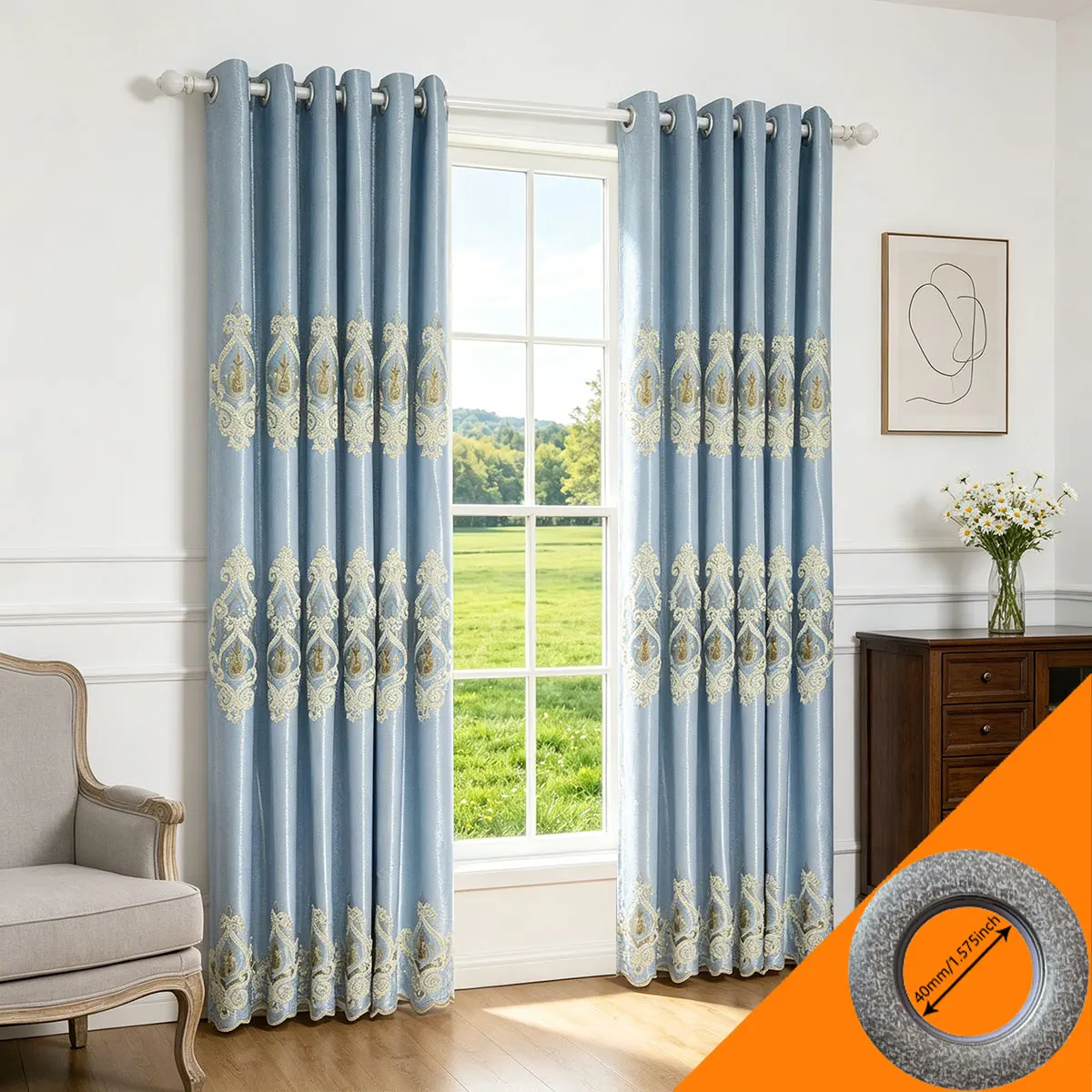 Light Blue Chenille Jacquard Curtains, European Style Gold Embroidered Thermal Insulated Eyelet Top Drapes, Noise Reducing Curta
Light Blue Chenille Jacquard Curtains, European Style Gold Embroidered Thermal Insulated Eyelet Top Drapes, Noise Reducing Curta