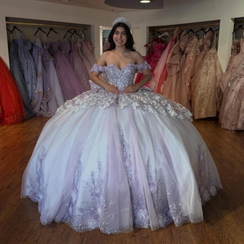 Lavender Shiny Ball Gown Quinceanera Dresses Applique Lace Beading Crystal Bow Sky Blue Lining Corset Off Shoulder Sweet 16
Lavender Shiny Ball Gown Quinceanera Dresses Applique Lace Beading Crystal Bow Sky Blue Lining Corset Off Shoulder Sweet 16