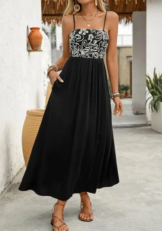 Women's Dress Hot Selling 2025 Summer New Elegant Vacation Style Camisole Dress Black and White Slim Embroidered Dress
Women's Dress Hot Selling 2025 Summer New Elegant Vacation Style Camisole Dress Black and White Slim Embroidered Dress