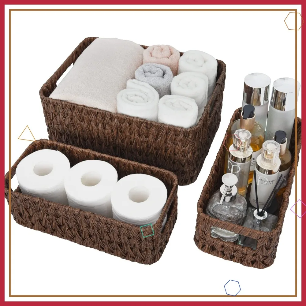 Водонепроницаемые плетеные корзины для хранения с ручками, темно-коричневый набор из 3 штук для полок и организации пространства в туалете
Водонепроницаемые плетеные корзины для хранения с ручками, темно-коричневый набор из 3 штук для полок и организации пространства в туалете
