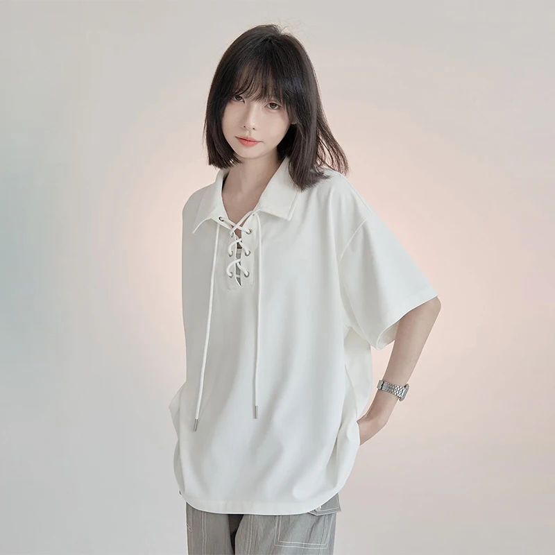2024 Summer Drawstring Women Short Sleeve Polo T Shirt Preppy Style Loose Fashion Simple All-match Oversized Clothing Top School
2024 Summer Drawstring Women Short Sleeve Polo T Shirt Preppy Style Loose Fashion Simple All-match Oversized Clothing Top School