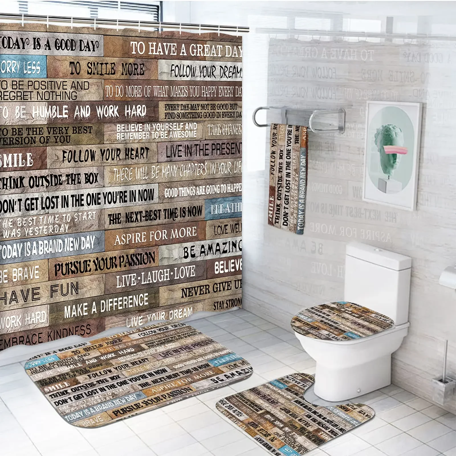 Inspirational Quotes Shower Curtain Set Rug Toilet Lid Cover Bath Mat Vintage Rustic Bathroom Decor Set Waterproof Wooden Poster
Inspirational Quotes Shower Curtain Set Rug Toilet Lid Cover Bath Mat Vintage Rustic Bathroom Decor Set Waterproof Wooden Poster