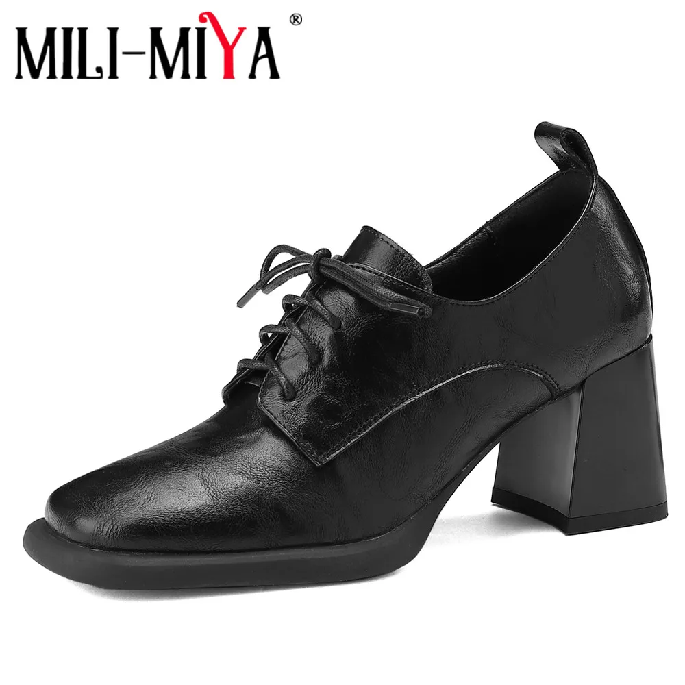 MILI-MIYA новые женские кожаные однотонные туфли-лодочки на высоком каблуке с квадратным носком и шнуровкой в стиле ретро, большие размеры 34-42 
MILI-MIYA новые женские кожаные однотонные туфли-лодочки на высоком каблуке с квадратным носком и шнуровкой в стиле ретро, большие размеры 34-42