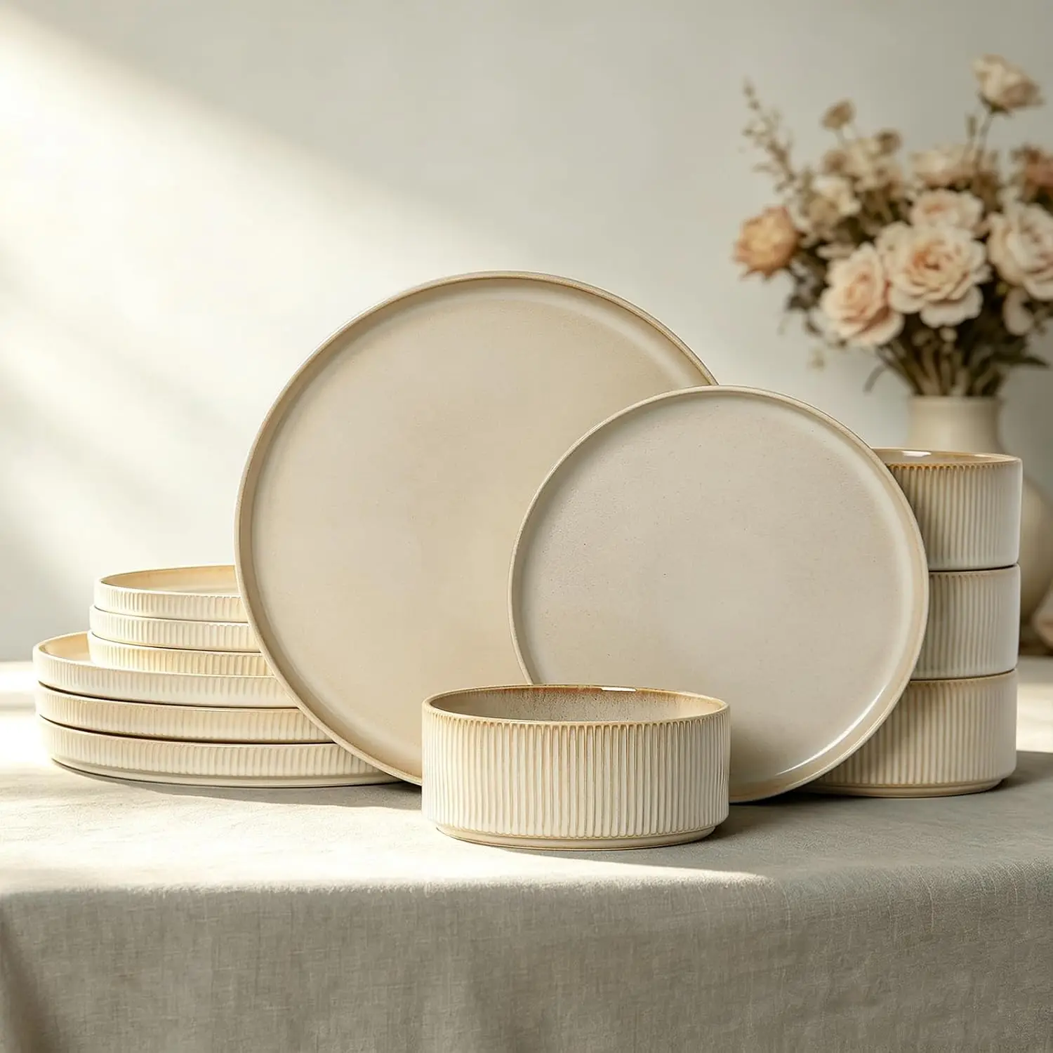 Stoneware Dinnerware Sets for 4, 12-Piece Ribbed Plates and Bowls, Chip & Scratch Resistant, Microwave Dishwasher Safe Beige
Stoneware Dinnerware Sets for 4, 12-Piece Ribbed Plates and Bowls, Chip & Scratch Resistant, Microwave Dishwasher Safe Beige
