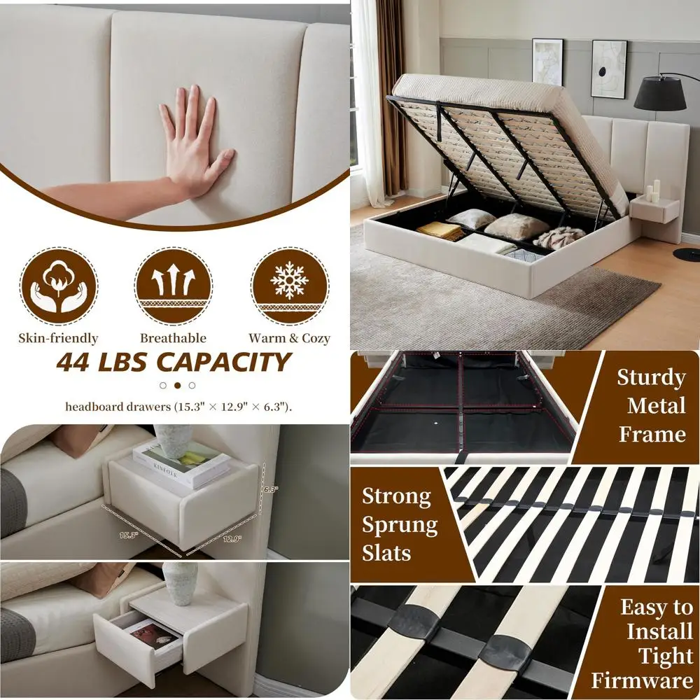 King Size Velvet Upholstered Platform Bed with Illuminated Storage, Built-in Nightstands, No Box Spring Required, Beige
King Size Velvet Upholstered Platform Bed with Illuminated Storage, Built-in Nightstands, No Box Spring Required, Beige