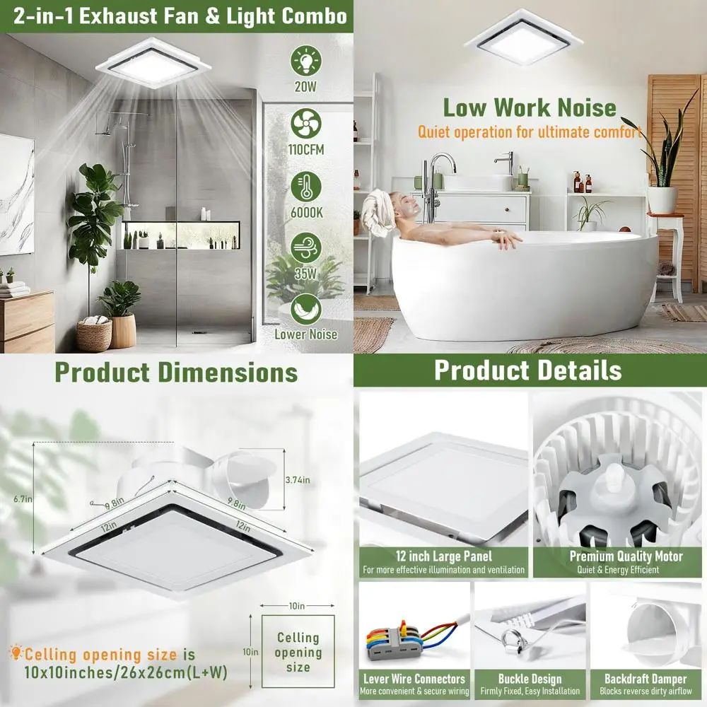 12 Inch Quiet Bathroom Exhaust Fan with 6000K LED Light and Duct Kit
12 Inch Quiet Bathroom Exhaust Fan with 6000K LED Light and Duct Kit