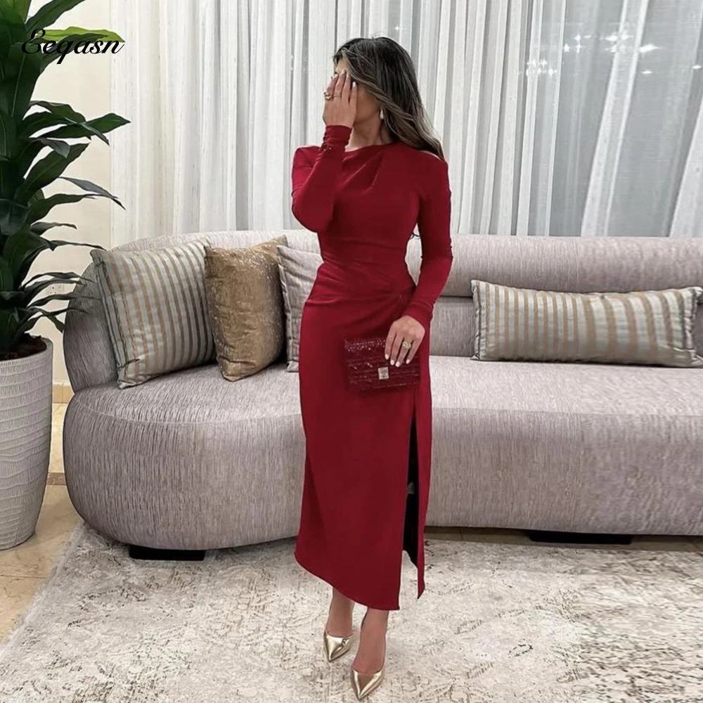 Vintage Sheath Prom Gowns Long Sleeves O Neck Formal Party Gown Formal Side Slit Midi Evening Dress فساتين سهرة Customized
Vintage Sheath Prom Gowns Long Sleeves O Neck Formal Party Gown Formal Side Slit Midi Evening Dress فساتين سهرة Customized