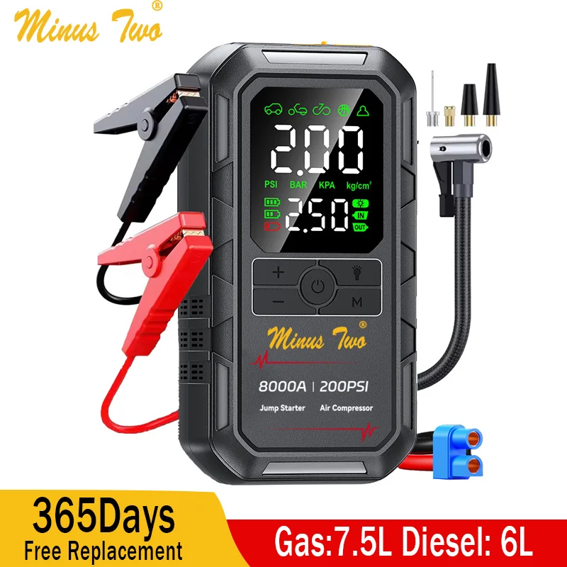 Minus Two Car Jump Starter Air Compressor with Power Bank Portable Electric Pump Battery Booster 12V Jump Box with Flashlight
Minus Two Car Jump Starter Air Compressor with Power Bank Portable Electric Pump Battery Booster 12V Jump Box with Flashlight