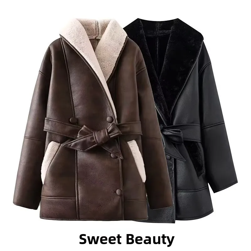 Spring New Women's Long Sve Stand Collar PU Leather Faux Fur Inteated mid Length Jaet Coat Loose Fit French Sle
Spring New Women's Long Sve Stand Collar PU Leather Faux Fur Inteated mid Length Jaet Coat Loose Fit French Sle