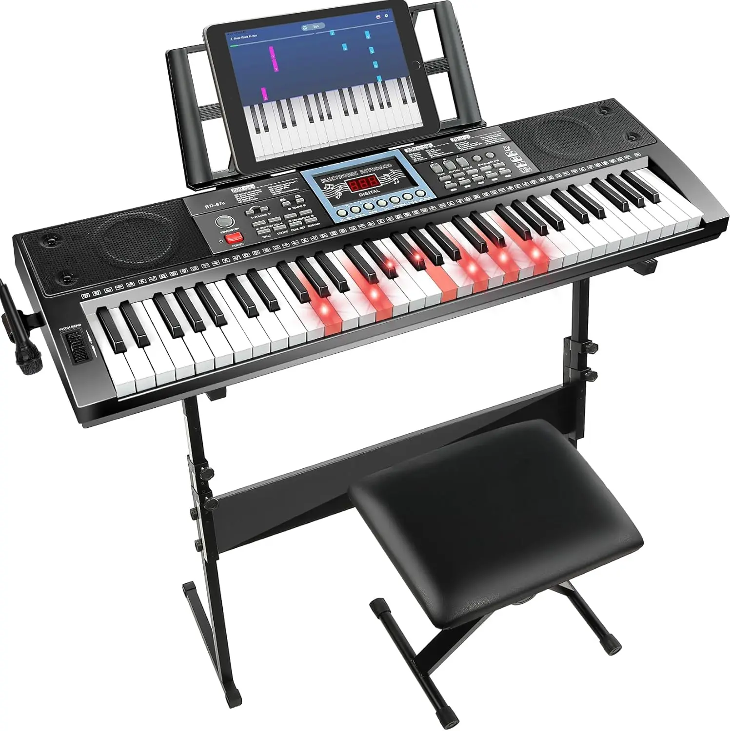 61-Key Keyboard Piano for Beginners with Stand, Bench, Lighted Keys, 70 Demos, 200 Tones/Rhythms, Pitch Bend, Metronome
61-Key Keyboard Piano for Beginners with Stand, Bench, Lighted Keys, 70 Demos, 200 Tones/Rhythms, Pitch Bend, Metronome