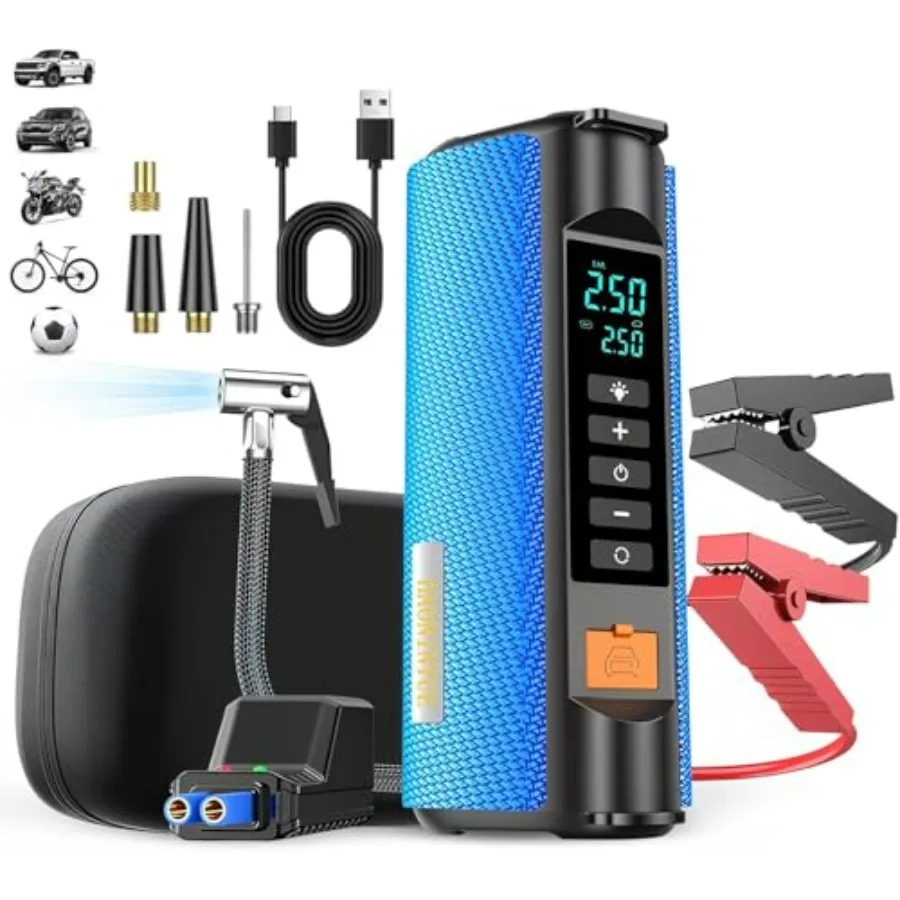 2500A 12V Car Jump Starter with Air Compressor 150PSI Portable Tire Inflator Multi-Function LED Emergency Lighting Battery Char
2500A 12V Car Jump Starter with Air Compressor 150PSI Portable Tire Inflator Multi-Function LED Emergency Lighting Battery Char