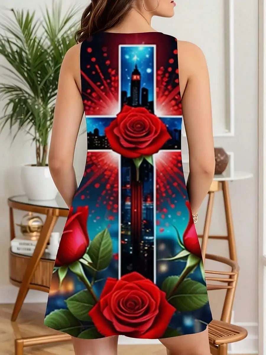 Women Sleeveless Dress Red Rose And City Night Sky Print Valentines Day
Women Sleeveless Dress Red Rose And City Night Sky Print Valentines Day