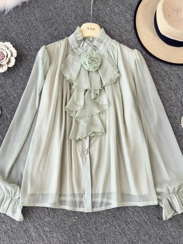 French Chiffon Shirt Spring Summer 2025 Ruffled Edges 3D Flower Splicing Blouse Fashion commuting Trumpet Sleeve Loose Top Women
French Chiffon Shirt Spring Summer 2025 Ruffled Edges 3D Flower Splicing Blouse Fashion commuting Trumpet Sleeve Loose Top Women