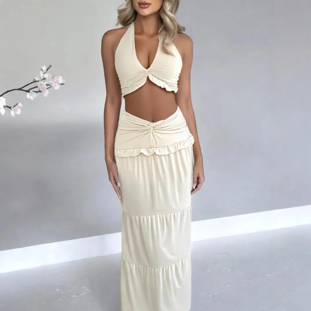 Fashionable Sexy V-neck Long Skirt Two-piece Set For Women's Clothing Kink Neck Hanging Design V-neck Umbilical Pleated Skirt
Fashionable Sexy V-neck Long Skirt Two-piece Set For Women's Clothing Kink Neck Hanging Design V-neck Umbilical Pleated Skirt