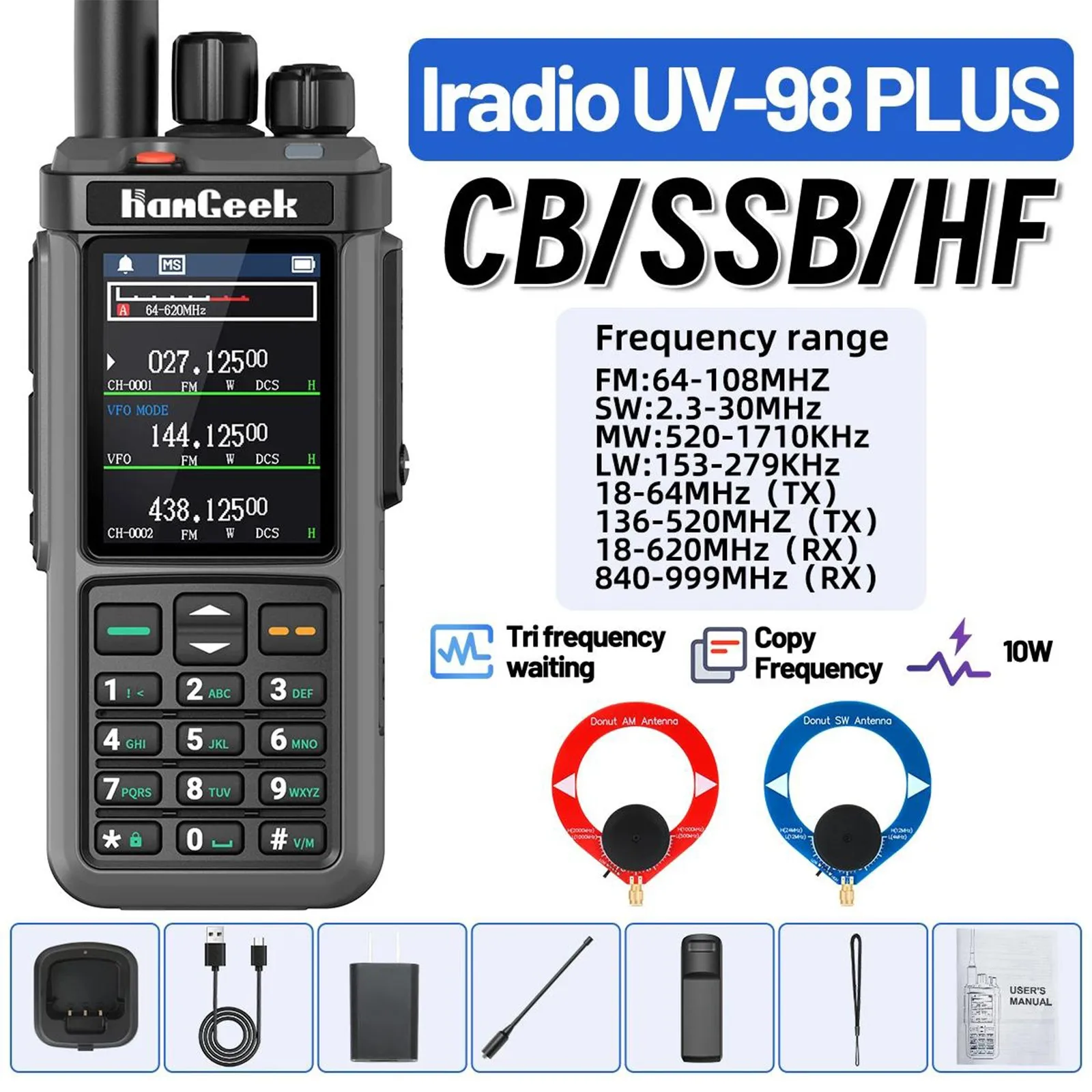 HamGeek UV-98 Plus 10W 1024CH Walkie Talkie VHF UHF Transceiver (Standard Version) w/ 3-Section Display
HamGeek UV-98 Plus 10W 1024CH Walkie Talkie VHF UHF Transceiver (Standard Version) w/ 3-Section Display