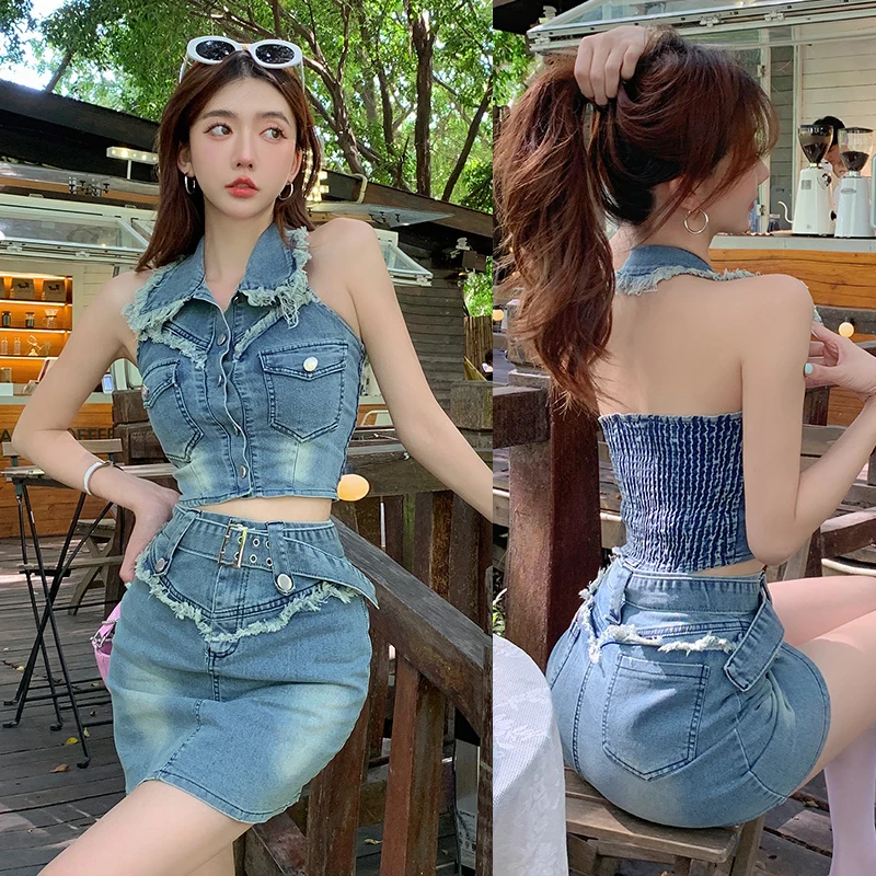 Spicy Girl Street Style Two-Piece Set Women's Summer New Fashion Denim Halter Top High Waist Skirt Short Sleeve Casual O...
Spicy Girl Street Style Two-Piece Set Women's Summer New Fashion Denim Halter Top High Waist Skirt Short Sleeve Casual O...