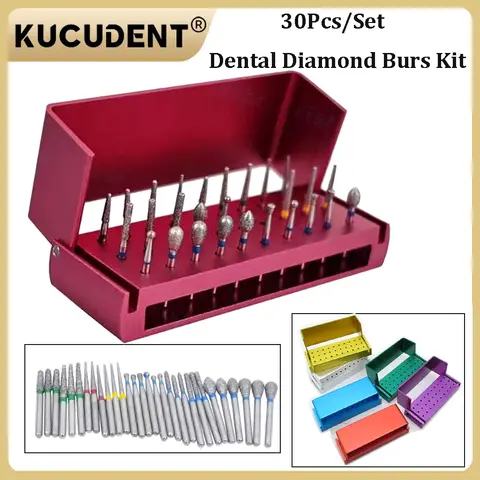 30 Pcs Dental Diamond Burs Kit with Aluminium Holder Colorful Burs Disinfection Box for High Speed Handpiece Turbine Tools