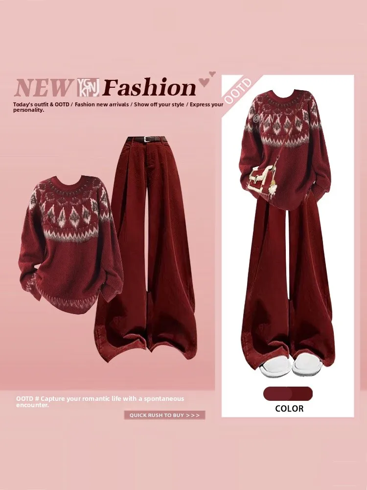Retro Knitted Sweater High Waist Slimming Casual Pants Two Piece Set Winter Red New Year Women's Faion Ensemble Long Sve
Retro Knitted Sweater High Waist Slimming Casual Pants Two Piece Set Winter Red New Year Women's Faion Ensemble Long Sve