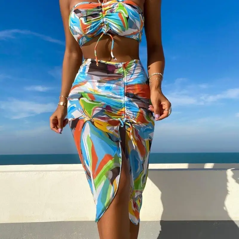 Summer Beach Vacation Swimsuit Split Bikini Three Piece Set Sexy Backless Printed Hanging Neck Strap Drawstring Swimsuit
Summer Beach Vacation Swimsuit Split Bikini Three Piece Set Sexy Backless Printed Hanging Neck Strap Drawstring Swimsuit