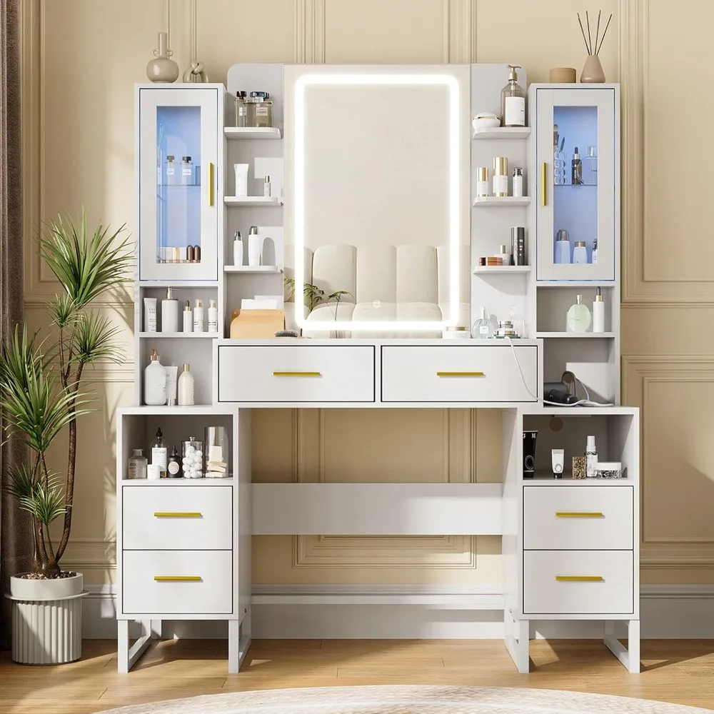 47.1 in Make Up Vanity Desk with Mirror and Lights,Large Vanity Table with 2 RGB Cabinets and Power Outlet,White Vanity Desk
47.1 in Make Up Vanity Desk with Mirror and Lights,Large Vanity Table with 2 RGB Cabinets and Power Outlet,White Vanity Desk