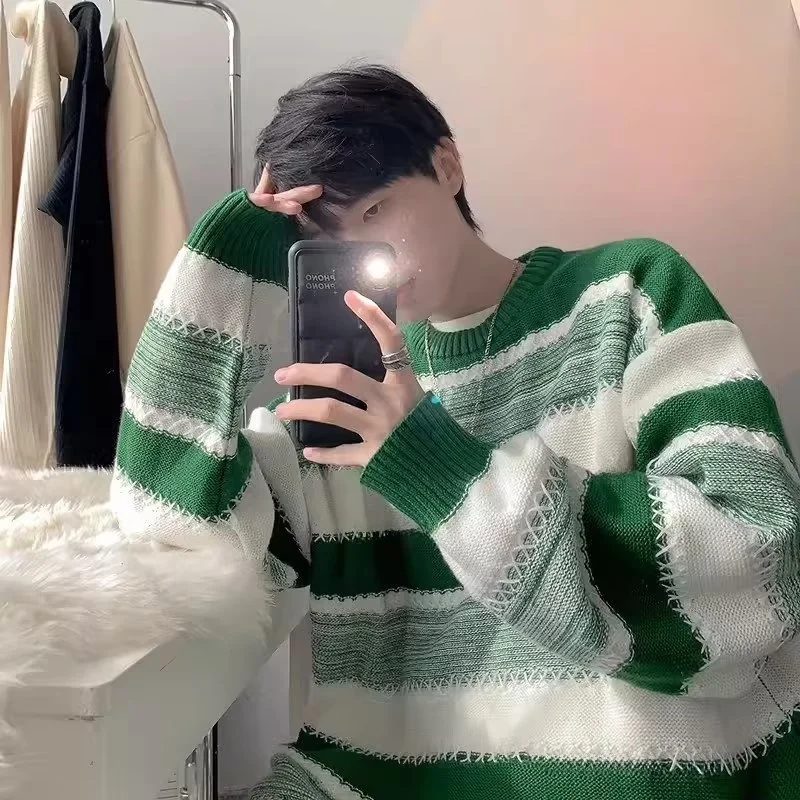 Loose Men's Knitted Sweater Autumn Winter Lazy Style Color Block Stripe Long Sleeve round Neck Casual Outerwear Jacket
Loose Men's Knitted Sweater Autumn Winter Lazy Style Color Block Stripe Long Sleeve round Neck Casual Outerwear Jacket