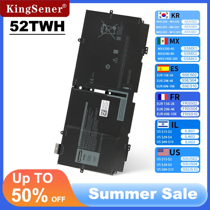 KingSener 52TWH 7.6V 51WH Laptop Battery For DELL XPS 13 7390 2-in-1 Series Notebook P103G P103G001 P103G002 MM6M8 0MM6M8 XX3T7
KingSener 52TWH 7.6V 51WH Laptop Battery For DELL XPS 13 7390 2-in-1 Series Notebook P103G P103G001 P103G002 MM6M8 0MM6M8 XX3T7