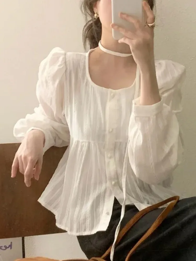 Chic White irt Women's Hanging Ne Design ort Bubble Sve Waist Cinched Single Button Top Young Looking Faionable
Chic White irt Women's Hanging Ne Design ort Bubble Sve Waist Cinched Single Button Top Young Looking Faionable