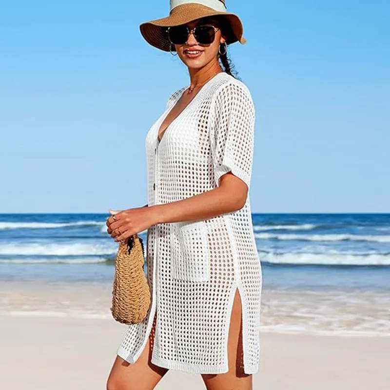 Boho Clothing Dress Crochet Beach Women Tunic V Neck Swim Button Front Side Slit Mesh Knit
Boho Clothing Dress Crochet Beach Women Tunic V Neck Swim Button Front Side Slit Mesh Knit