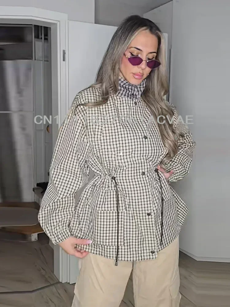 Women Grid Jackets Coat Stand Neck Single Breasted Waist-cinching Drawstring Jackets Female Spring Chic Casual Daily Outwears
Women Grid Jackets Coat Stand Neck Single Breasted Waist-cinching Drawstring Jackets Female Spring Chic Casual Daily Outwears
