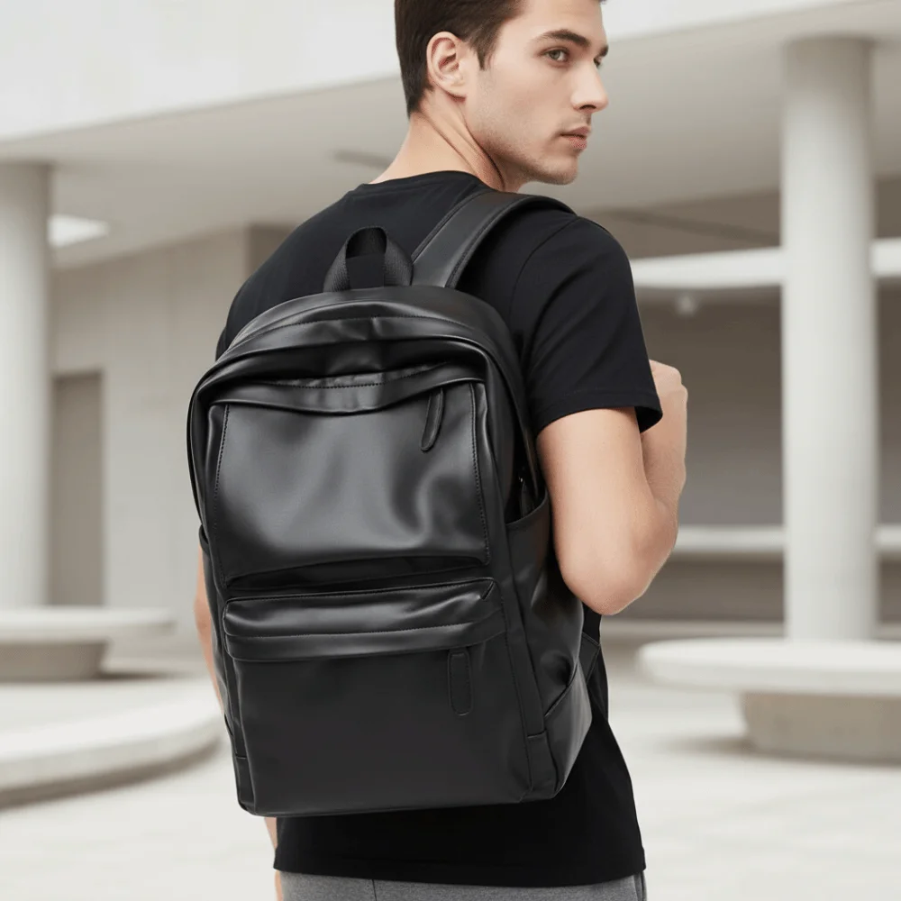 PVC Leather Backpack Men Padded Shoulder Strap Water Resistant Laptop School Bag Black Finish Dual Side Slot
PVC Leather Backpack Men Padded Shoulder Strap Water Resistant Laptop School Bag Black Finish Dual Side Slot