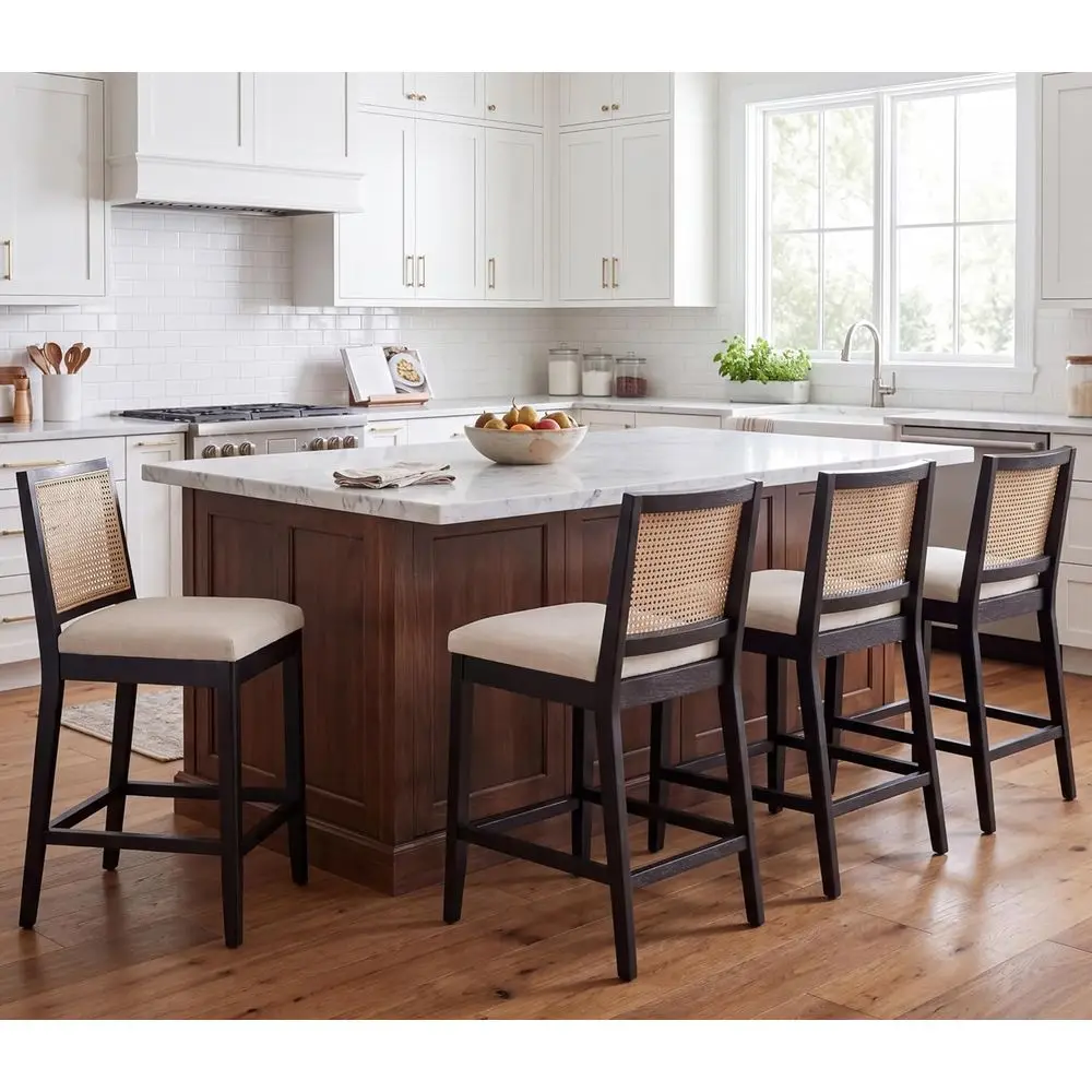 Set of 4 Rattan Bar Stools with Beige Linen Upholstery and Black Wood Legs for Kitchen Island and Counter Height Seating
Set of 4 Rattan Bar Stools with Beige Linen Upholstery and Black Wood Legs for Kitchen Island and Counter Height Seating