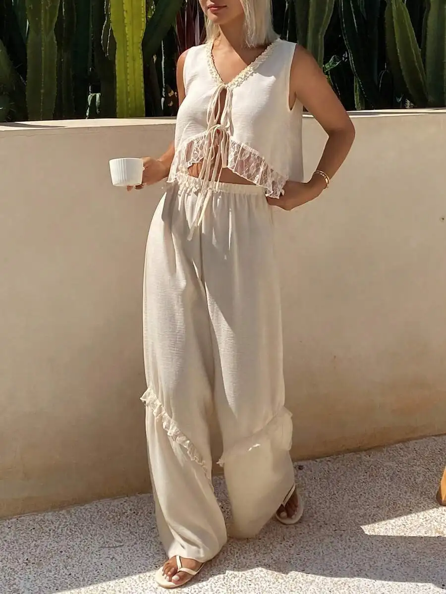 Bohemian Lace Ruffle Trim Women Summer Pajama Set Beach Vacation Sleepwear
Bohemian Lace Ruffle Trim Women Summer Pajama Set Beach Vacation Sleepwear