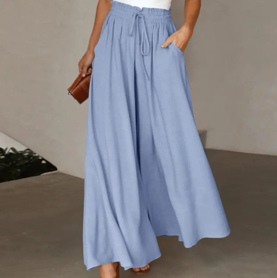 Women's Wide Leg Skirt Pants Summer Solid Color Elastic Waist Belt Wide Leg High Waist Pockets Frenulum Design Casual Long Pants
Women's Wide Leg Skirt Pants Summer Solid Color Elastic Waist Belt Wide Leg High Waist Pockets Frenulum Design Casual Long Pants