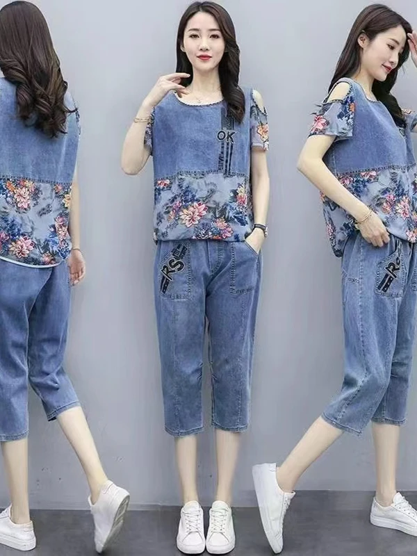 Summer Thin Korean Style plus Size Denim Short Sleeve Set High Waist Seven-Foot-Leg Fashion Casual Outfit Two-Piece Ensemble
Summer Thin Korean Style plus Size Denim Short Sleeve Set High Waist Seven-Foot-Leg Fashion Casual Outfit Two-Piece Ensemble