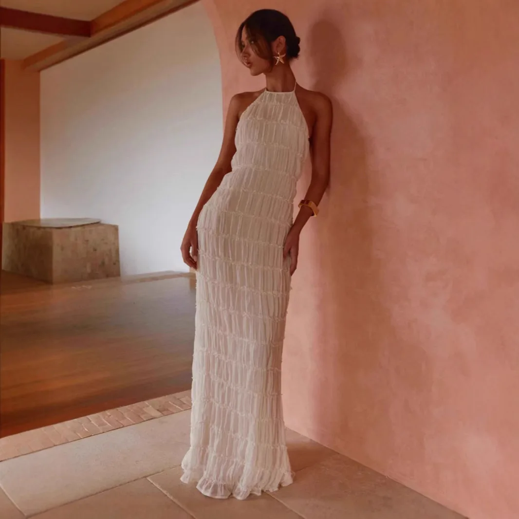 Summer Pleated Holiday Dress for Women Sexy Halter Backless Maxi Beach Dresses Elegant Solid Sleeveless Slim Bohemia Outfit 2025
Summer Pleated Holiday Dress for Women Sexy Halter Backless Maxi Beach Dresses Elegant Solid Sleeveless Slim Bohemia Outfit 2025