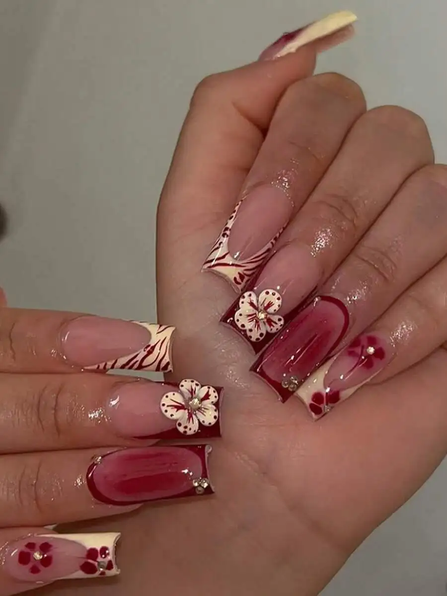24pcs/Set Minimalist French Burgundy Floral & Elegant Line Design 3D Rhinestone Oval Press-On Nails, Reusable Nail Art Supplies
24pcs/Set Minimalist French Burgundy Floral & Elegant Line Design 3D Rhinestone Oval Press-On Nails, Reusable Nail Art Supplies