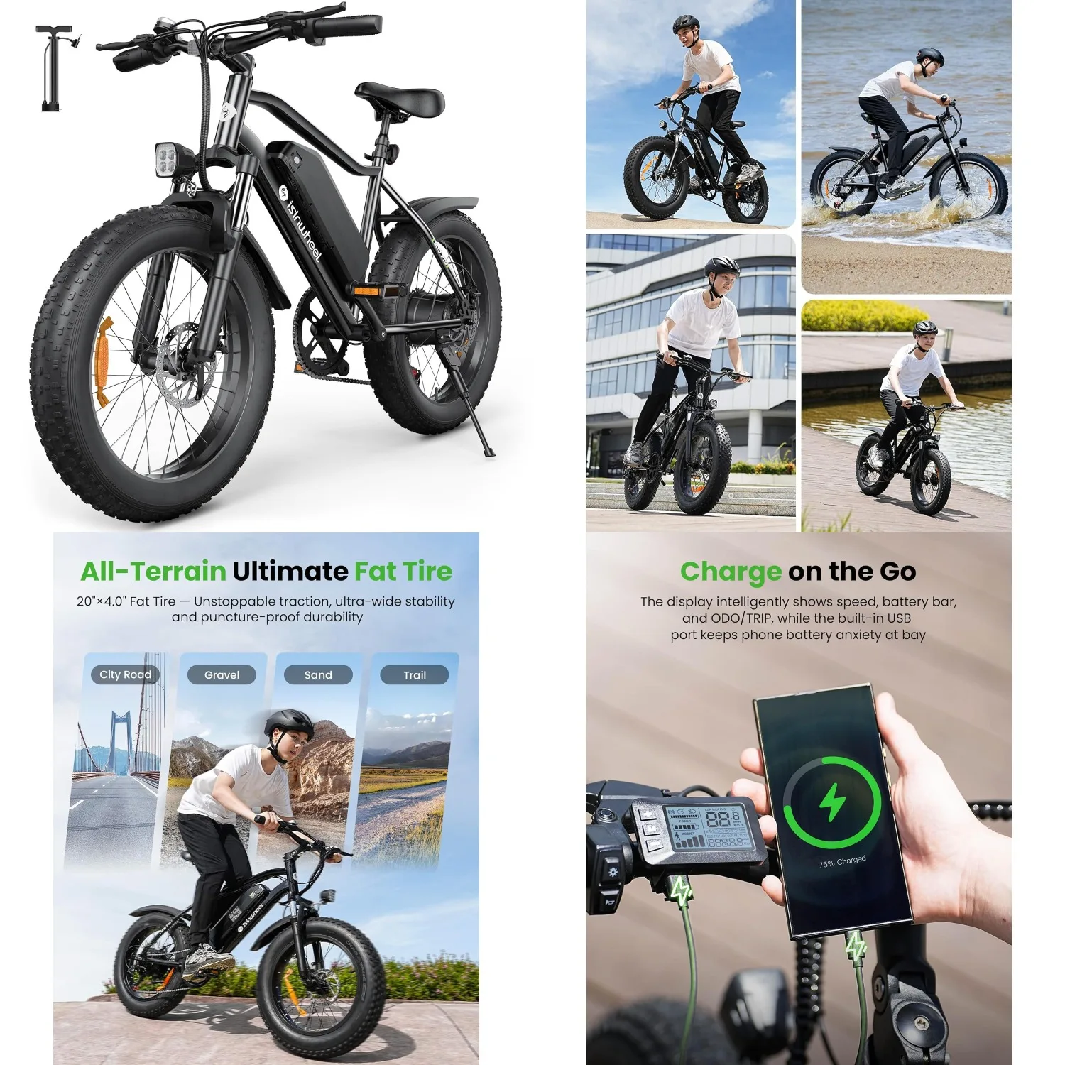 1000W Peak Motor Electric Bike Adults Mountain Ebike 10.4Ah Battery 55 Miles Range 7 Speed 20x4.0 Fat Tire Bicycle, Customized
1000W Peak Motor Electric Bike Adults Mountain Ebike 10.4Ah Battery 55 Miles Range 7 Speed 20x4.0 Fat Tire Bicycle, Customized