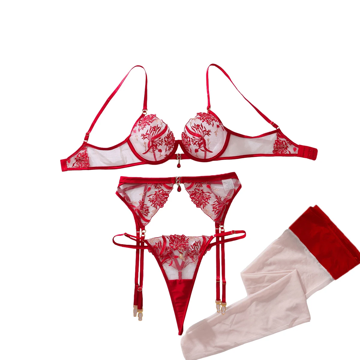 New gemstone accessory perspective floral embroidery shaping sexy lingerie split set with leg socks set
New gemstone accessory perspective floral embroidery shaping sexy lingerie split set with leg socks set