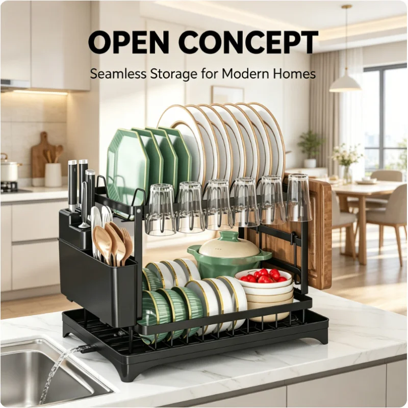 Large 2 Tier Rustproof Stainless Steel Dish Drying Rack Drainboard Design Kitchen Countertop Plate Cup Organizer Multifunctional