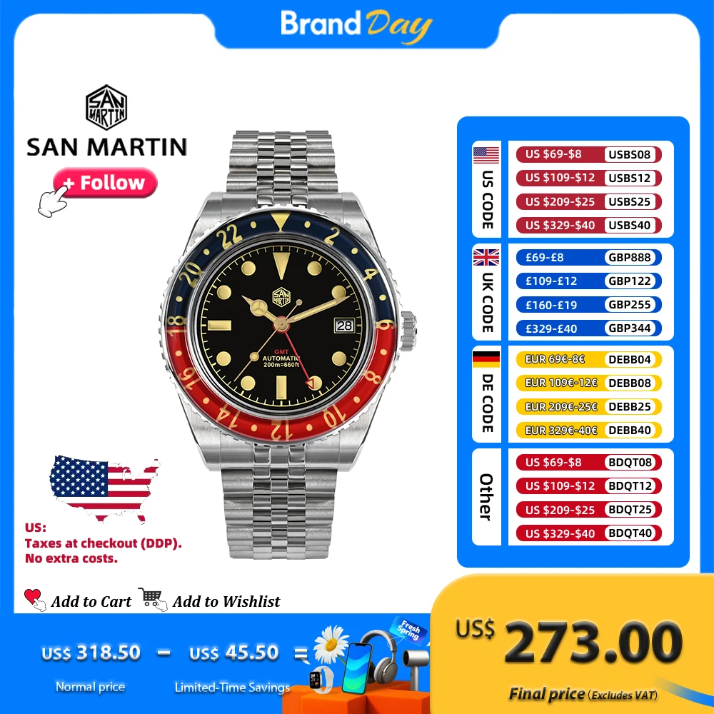 Мужские часы San Martin 40 мм SN0005 Retro GMT NH34 с автоматическим механизмом, состаренным патинированным циферблатом, двухцветным сапфировым безелем, браслетом Jubilee, водонепроницаемостью 20 бар и люминесцентным покрытием.
Мужские часы San Martin 40 мм SN0005 Retro GMT NH34 с автоматическим механизмом, состаренным патинированным циферблатом, двухцветным сапфировым безелем, браслетом Jubilee, водонепроницаемостью 20 бар и люминесцентным покрытием.