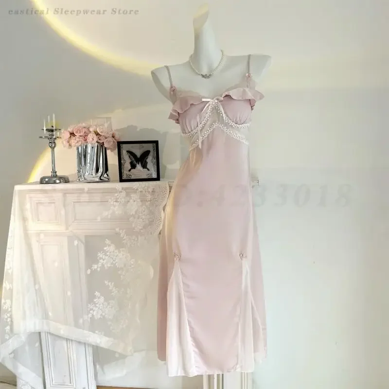 Pink Lace Patchwork Home Dressing Women's Long Nightgowns Summer Sexy Sleepwear Intimate Lingerie Loose Casual Satin Nightdress
Pink Lace Patchwork Home Dressing Women's Long Nightgowns Summer Sexy Sleepwear Intimate Lingerie Loose Casual Satin Nightdress