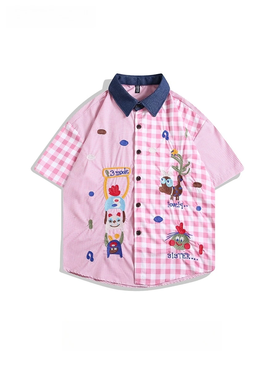 Korean Cartoon Plaid Blouse Unisex Splicing Cartoon Short-sleeved Shirt Men Women Japanese Embroidery Sweet Cool Casual Shirt
Korean Cartoon Plaid Blouse Unisex Splicing Cartoon Short-sleeved Shirt Men Women Japanese Embroidery Sweet Cool Casual Shirt