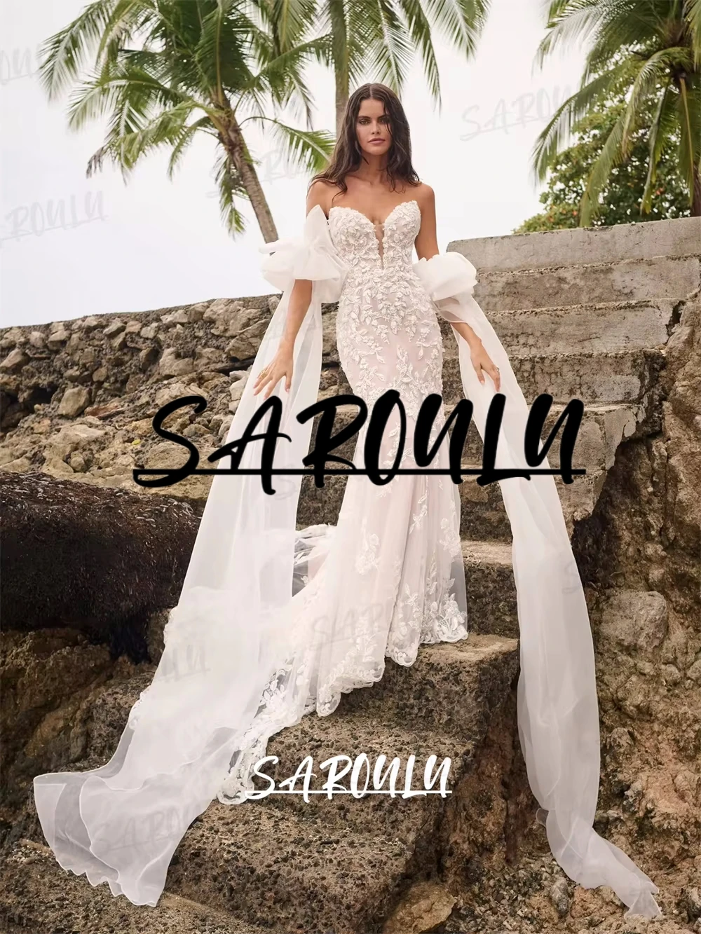 Graceful Mermaid Tulle Bride Dress with Tulle Puff Sleeves, Strapless Court Train Long Wedding Dresses for Bridal 2025,
Graceful Mermaid Tulle Bride Dress with Tulle Puff Sleeves, Strapless Court Train Long Wedding Dresses for Bridal 2025,