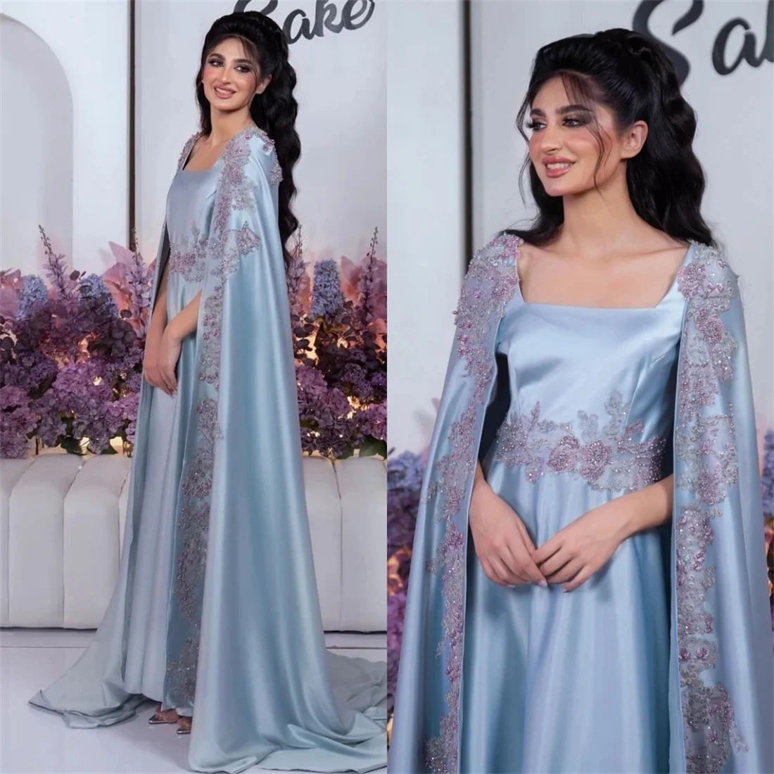 Appliques A-line Satin Evening Dresses With Cloak Bridesmaid Party Dress Arabia Square Neck Prom Formal Gown
Appliques A-line Satin Evening Dresses With Cloak Bridesmaid Party Dress Arabia Square Neck Prom Formal Gown