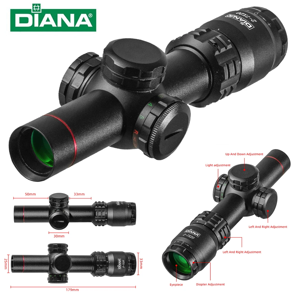 DIANA 2-7X20 Hunting Tactics Optical sight Green red dot light Air Rifle Scope Gear Spotting scope for rifle hunting Sniper
DIANA 2-7X20 Hunting Tactics Optical sight Green red dot light Air Rifle Scope Gear Spotting scope for rifle hunting Sniper