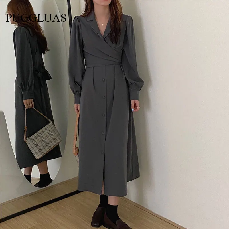 Elegant Dress Women Notched Long Sleeve Temperament Korean Chic Autumn Tunic Ruched Office Lady Baggy Vintage Maxi Dress Vestido
Elegant Dress Women Notched Long Sleeve Temperament Korean Chic Autumn Tunic Ruched Office Lady Baggy Vintage Maxi Dress Vestido